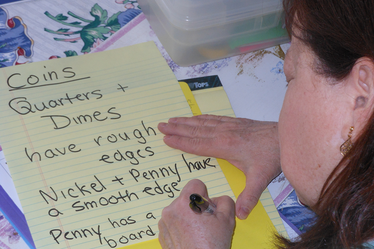 Picture of a vision rehabilitation lesson on sorting money