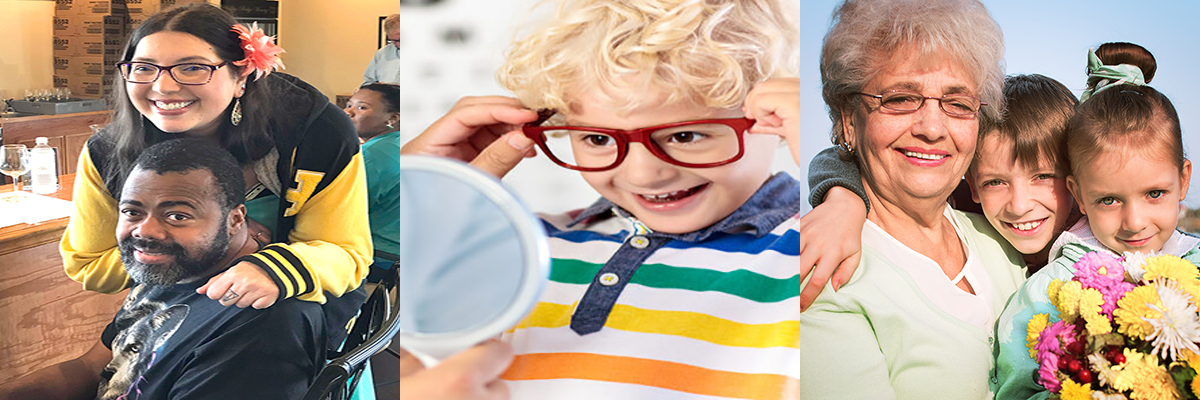 A photo of two agency clients, a photo of a boy trying on glasses, and a photo of an older women with glasses and two children
