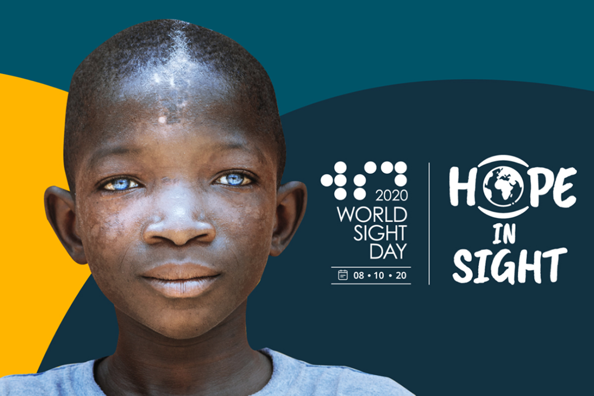Photo of a young man along with the graphics for World Sight Day and the slogan Hope in Sight