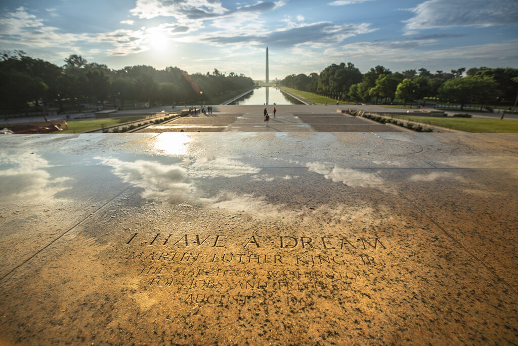Etched into the stone on the steps of the Lincoln Memorial, a marker of the exact spot Martin Luther King Jr. stood to deliver the 'I Have a Dream' speech in 1963