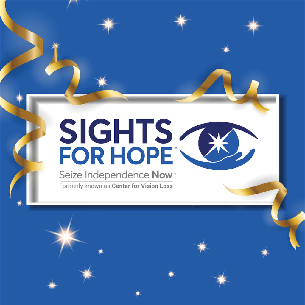 Sights for Hope logo in a white frame against a blue backdrop with golden confetti