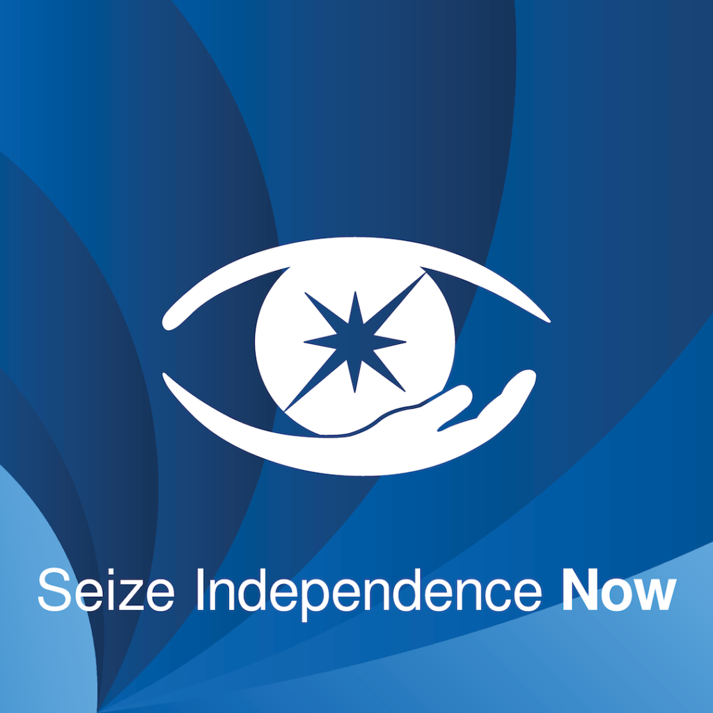 The agency's logo icon and slogan against a blue textured background