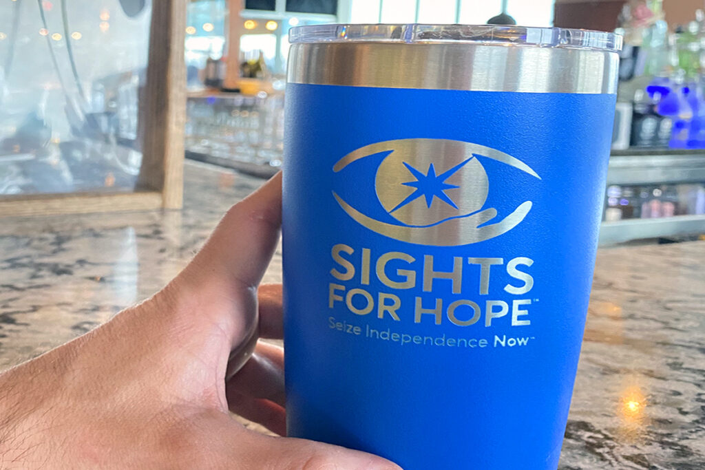 Photo of a YETI tumbler branded with the Sights for Hope logo