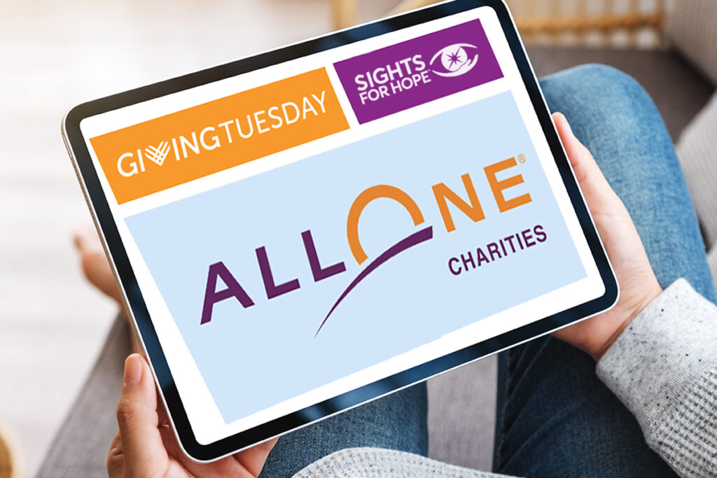Image of laptop computer showing the logos for AllOne Charities, #GivingTuesday, and Sights for Hope