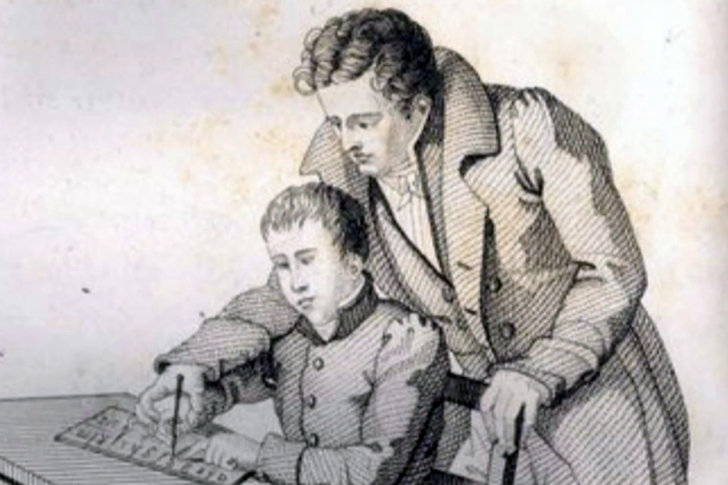 Drawing of a young Louis Braille and his teacher