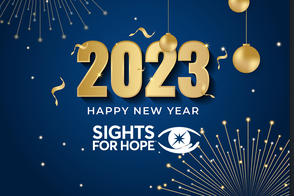 Graphic with the number 2023, the words “Happy New Year” and the Sights for Hope logo against a blue background with gold accents