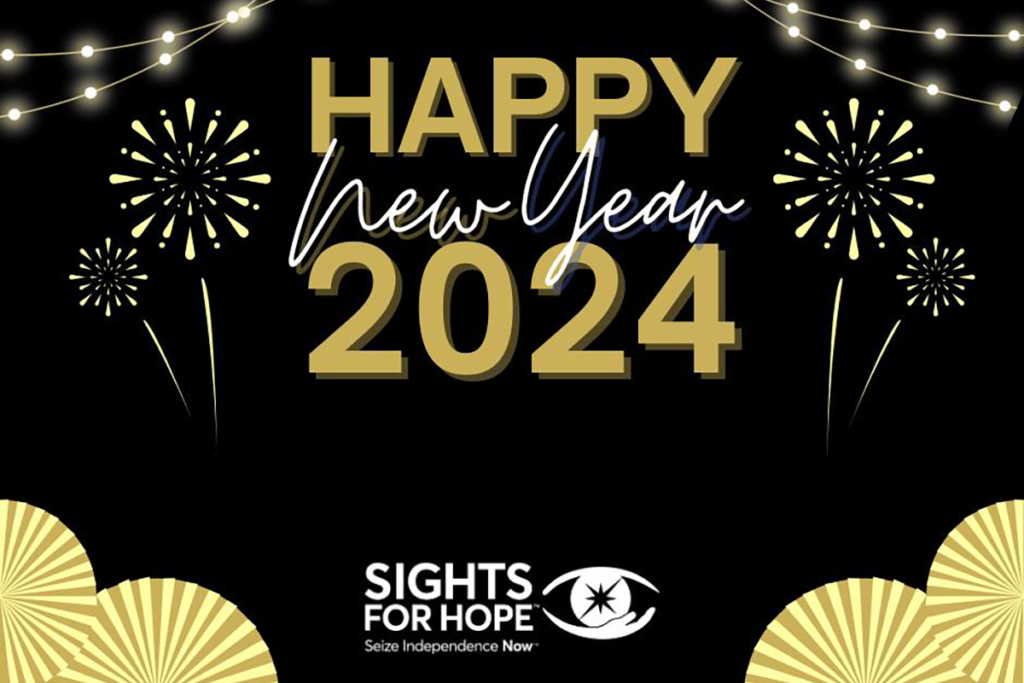 Happy New Year 2024 and the Sights for Hope logo in white against a black background