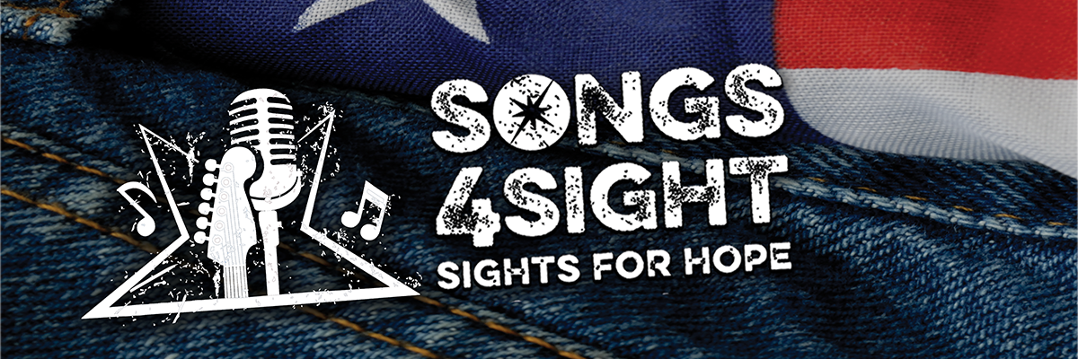 Songs4Sight graphic in white set in front of a pair of blue jeans and part of an American flag