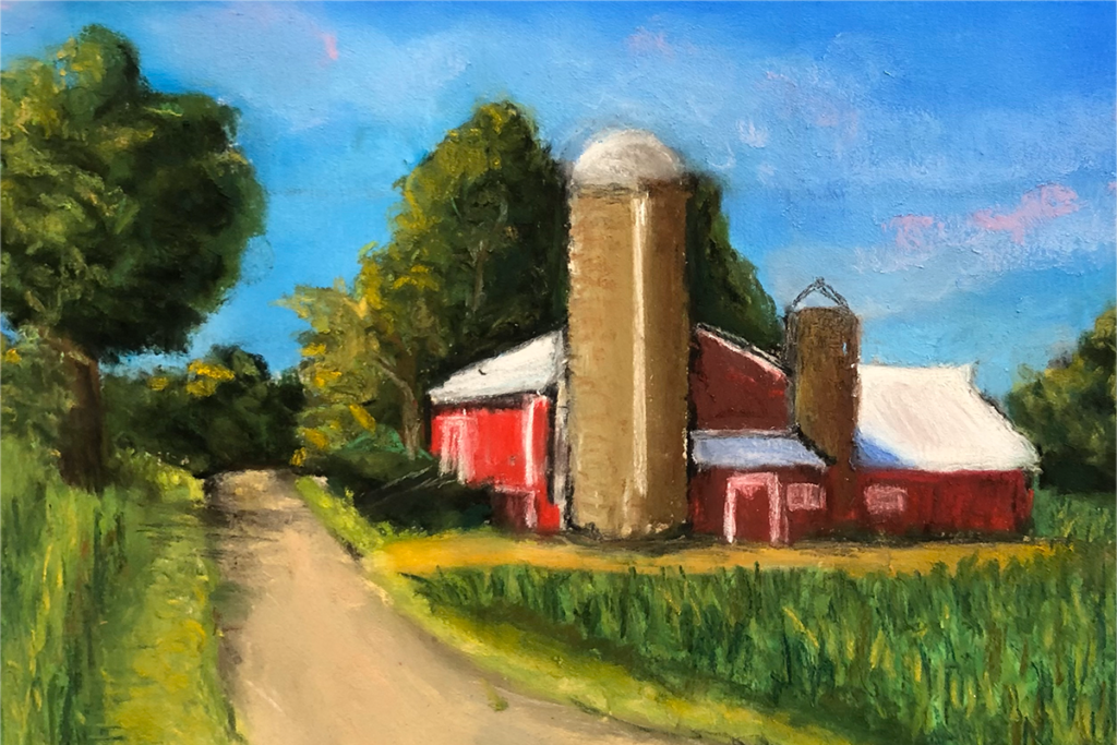 A red barn and brown silo are shown along a dirt road lined with tall grasses and trees