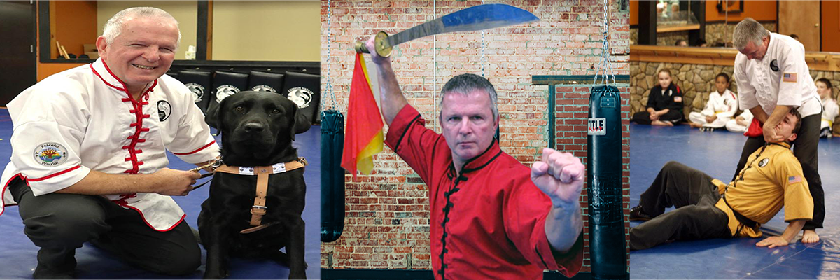 Paul Miller - as shown with his guide dog Felton; practicing techniques with a sword; and demonstrating a martial arts technique