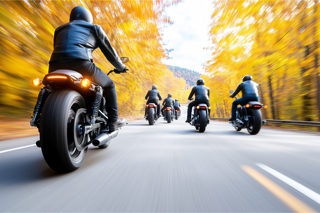 Five motorcyclists ride down a road lined with autumn trees, wearing black leather jackets and helmets.