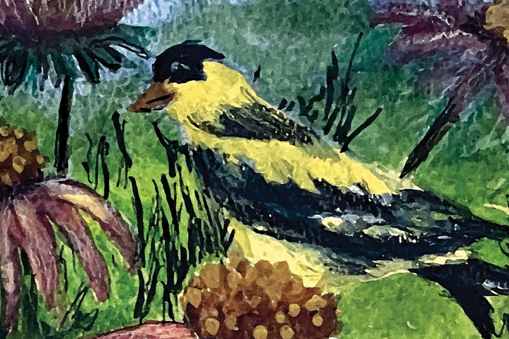 Painting of a vibrant bird sitting among purple flowers and green foliage to convey a sense of nature and growth, as shown on the cover of Sights for Hope's 2024 Impact Report.