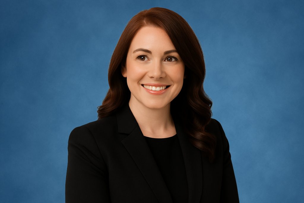A smiling woman with long brown hair wears a black blazer against a blue backdrop. Her confident and approachable expression conveys professionalism.