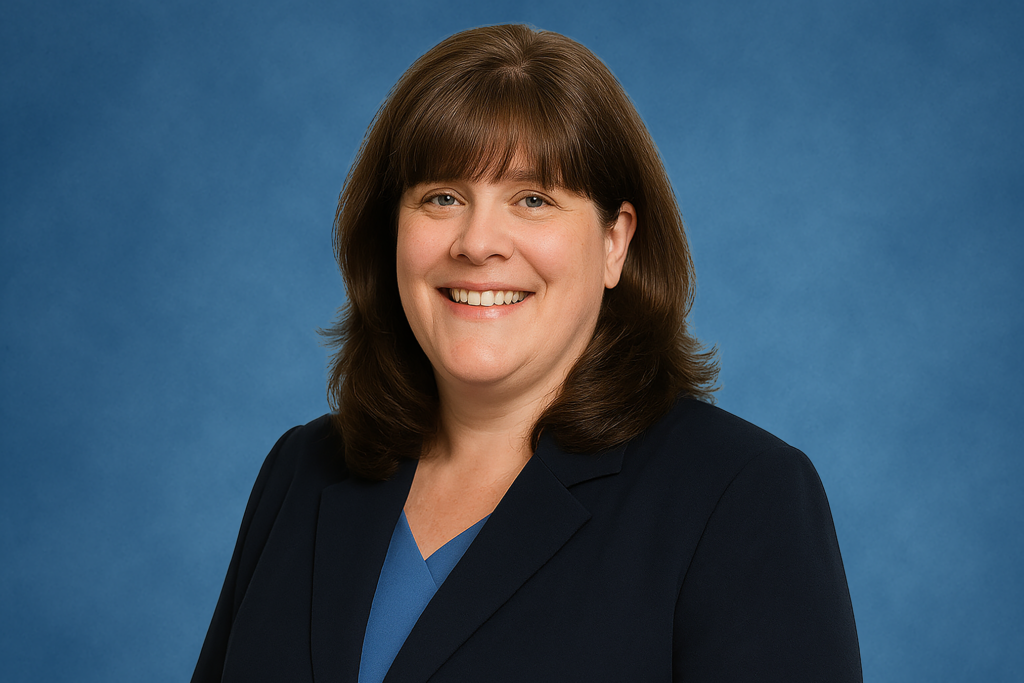 A smiling woman with shoulder-length brown hair in a dark blazer and blue top is set against a plain blue background, conveying a professional and friendly demeanor.