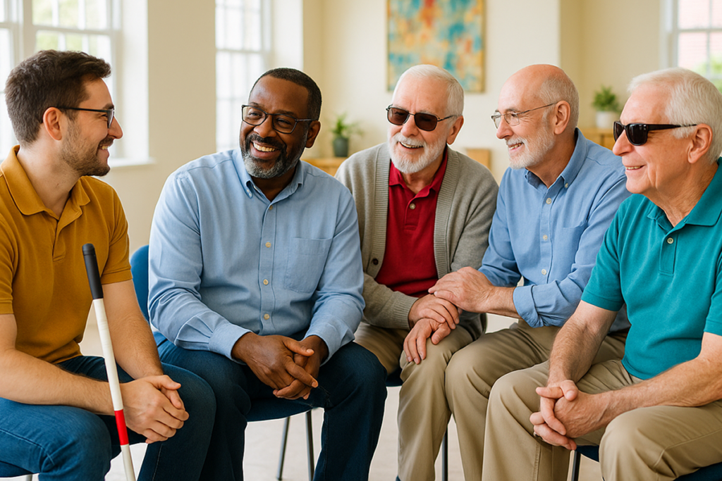 A diverse group of five men, seated in a circle, are smiling and engaging in conversation. One holds a white cane, conveying a supportive community gathering. Generated with artificial intelligence.