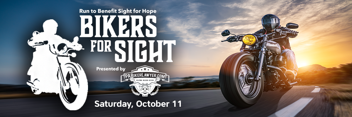 A motorcyclist rides along a scenic road at sunset with text promoting the "Bikers for Sight" event to benefit Sights for Hope on October 11, presented by PA Biker Lawyer. The tone is adventurous and inspiring.
