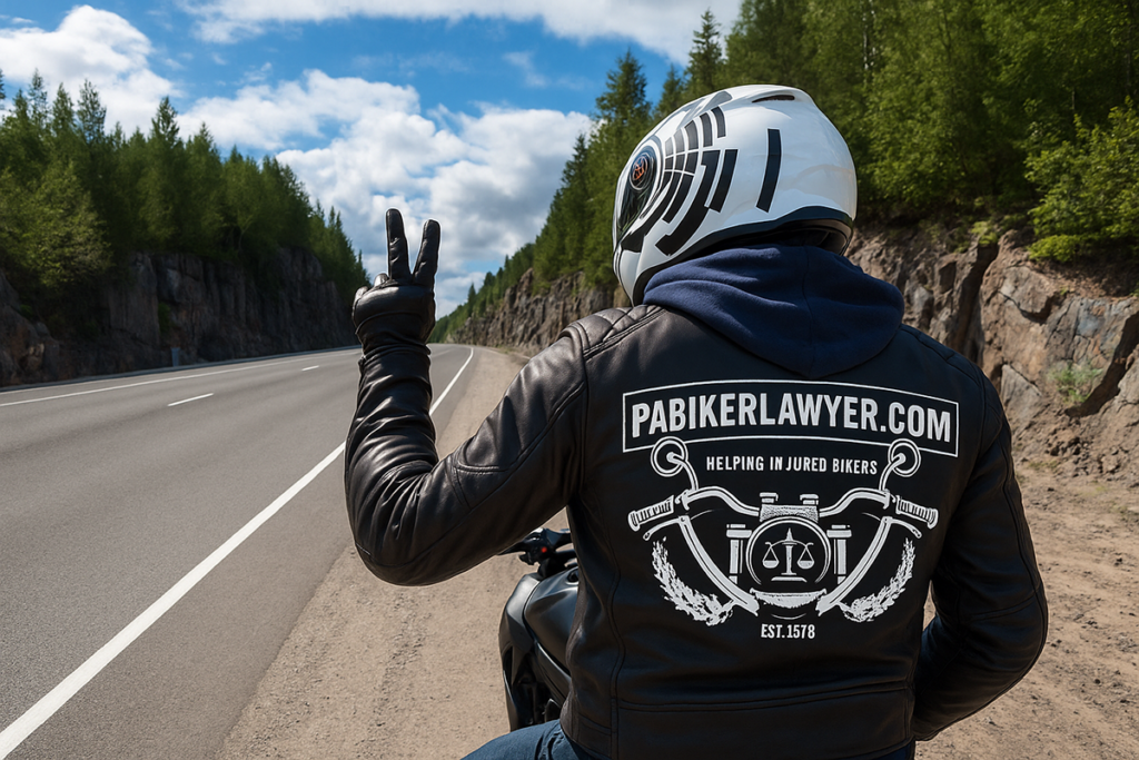 A motorcyclist wearing a helmet and leather jacket with the PABikerLawyer.com logo rides along a scenic road, flashing a peace sign under a blue sky. Generated with artificial intelligence.