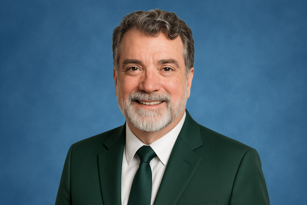 A smiling middle-aged man with gray hair and a beard, wearing a green suit and tie, against a solid blue background, exuding confidence and warmth. Image generated with artificial intelligence.