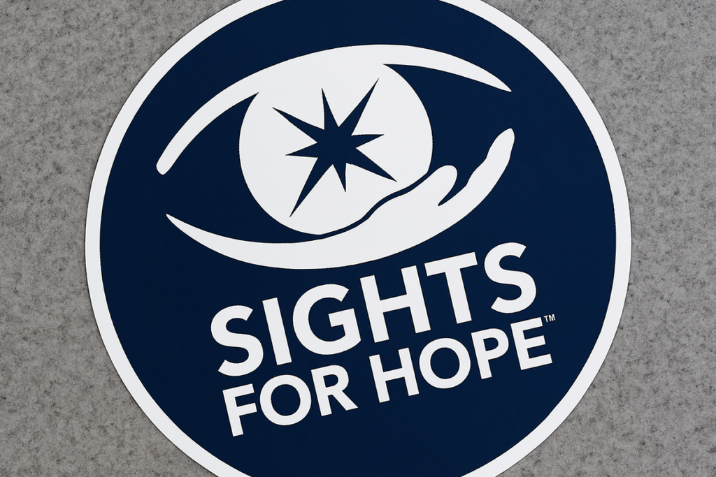 A white Sights for Hope logo inside a dark blue circular mark that is set against a textured gray floor. Generated with artificial intelligence.