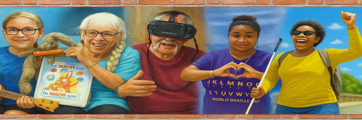 Mural on a brick wall of five diverse individuals overcoming and preventing vision loss. They engage in activities like playing music, reading, virtual reality, using sign language, and walking with a cane. The mood is joyful and empowering. Generated with artificial intelligence.