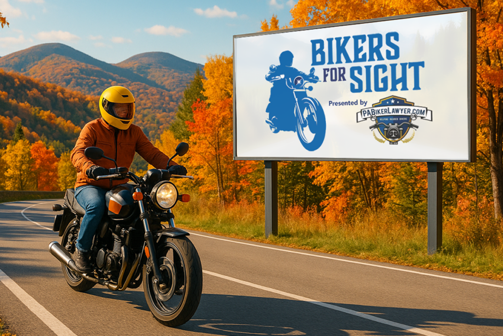 A motorcyclist in a yellow helmet rides down a scenic autumn road with colorful foliage and passes a billboard with the Bikers for Sight graphic and the logo of Presenting Sponsor PABikerLawyer.com. The mood is adventurous. Generated with artificial intelligence.