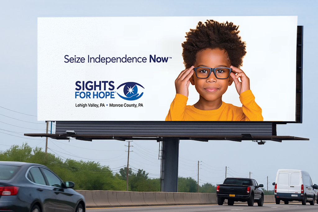 Billboard featuring a child wearing glasses and a bright yellow sweater, with the text "Seize Independence Now" and the Sights for Hope logo as cars drive below. Generated with artificial intelligence.