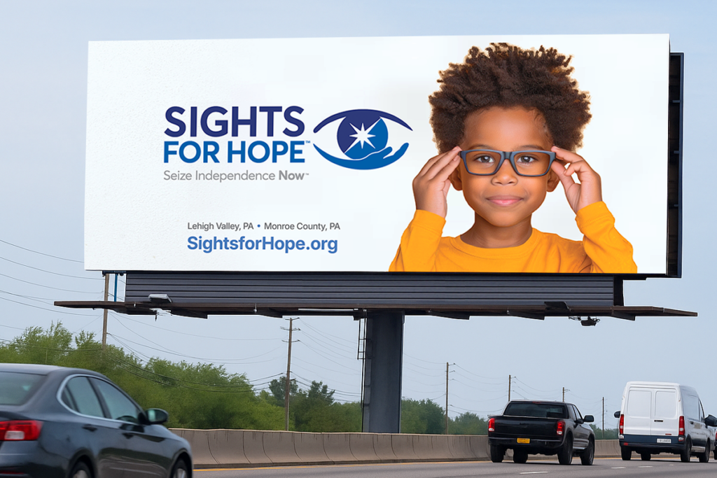 Billboard showing a young child with glasses, wearing a yellow shirt, smiling confidently. The billboard has the Sights for Hope logo and the URL SightsforHope.org. Generated with artificial intelligence.