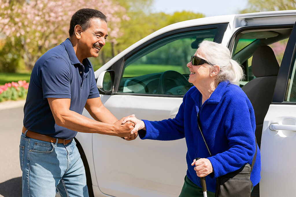 A man in a blue shirt warmly helps a woman with a white cane exit a car on a sunny day, both smiling amidst a backdrop of blooming trees. Generated with artificial intelligence.