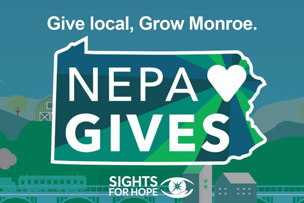 Illustrated graphic with text 'Give local, Grow Monroe' on top. A Pennsylvania outline with a heart contains 'NEPA Gives.' 'Sights for Hope' logo at the bottom. Background includes a stylized landscape with buildings and trees. Tone is community-focused and supportive.