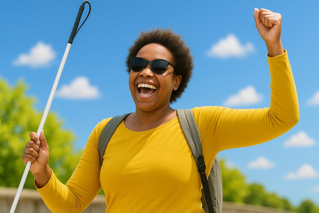 A joyful woman wearing sunglasses and a bright yellow shirt while holding a white cane and raising a fist in celebration against a sunny blue sky with fluffy clouds. Generated with artificial intelligence.