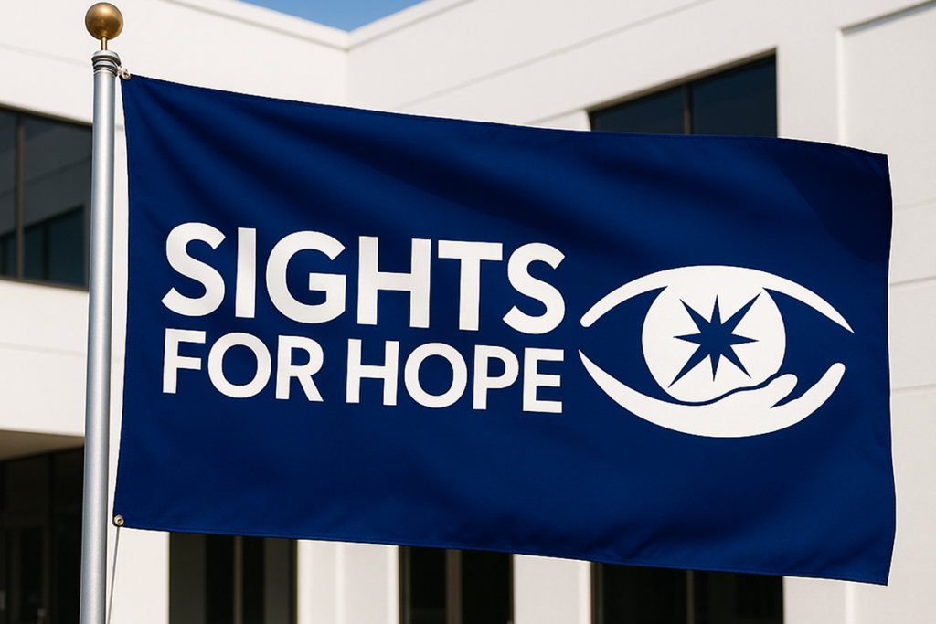 Blue flag with white text "Sights for Hope" and an eye design featuring a star. The flag waves in front of a modern building, conveying optimism. Generated with artificial intelligence.