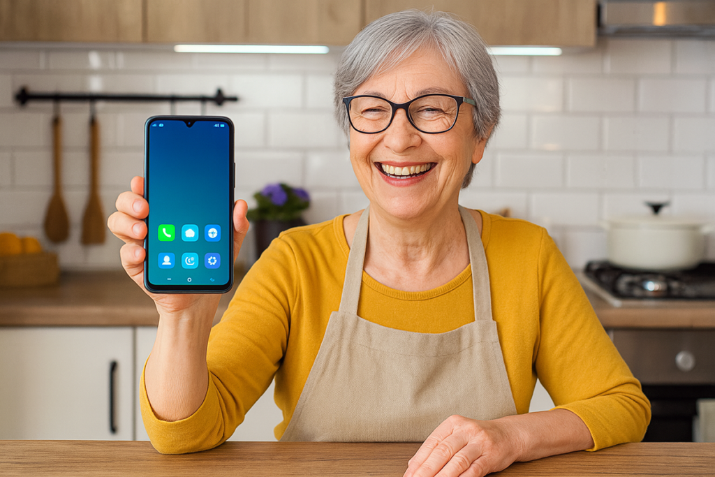 A joyful older woman with glasses and gray hair holds up a smartphone in a bright kitchen setting while wearing a yellow shirt and apron. Generated with artificial intelligence.