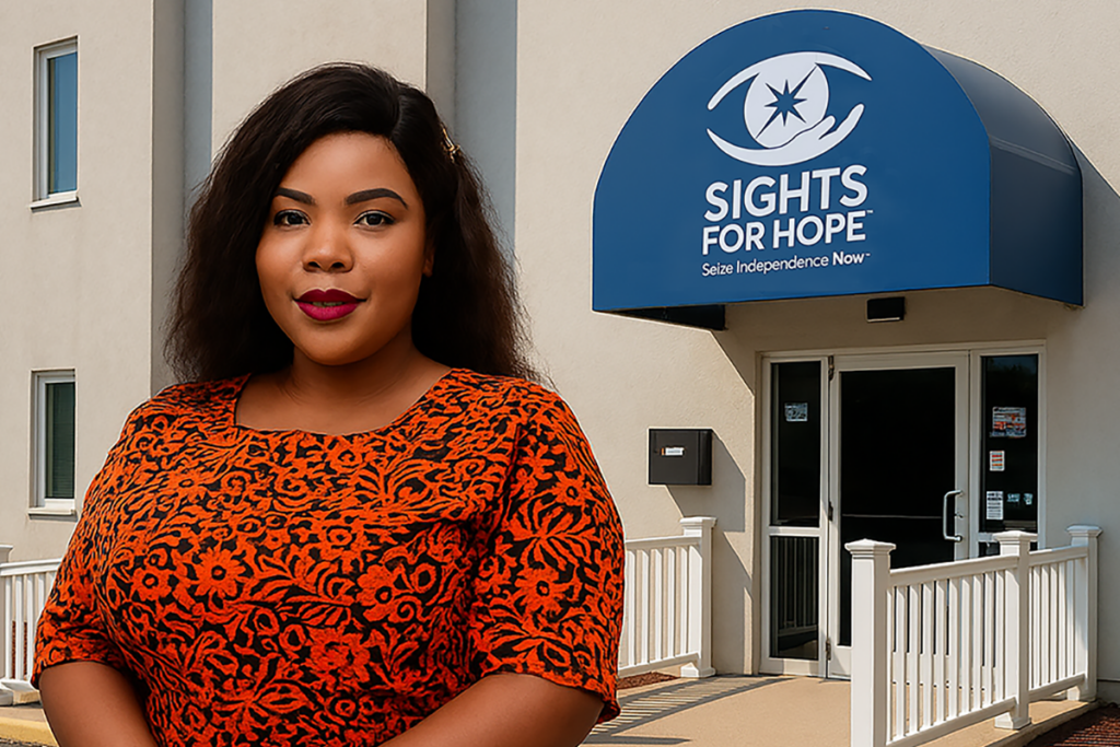 A confident woman in an orange floral dress stands smiling outside a building with the Sights for Hope logo on a blue awning, conveying empowerment and support. Image generated partially with artificial intelligence.