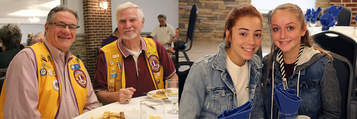 Two images side by side: Left shows two men in yellow vests with badges, seated at a table smiling. Right shows two young women in denim jackets smiling. The setting is a dining room.