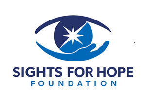 Logo of the Sights for Hope Endowment Foundation, with elements in Deep Blue and Creative Blue. Above the organization's name, it shows the shape of a human eye with a starburst as its pupil and a hand as its bottom lid.