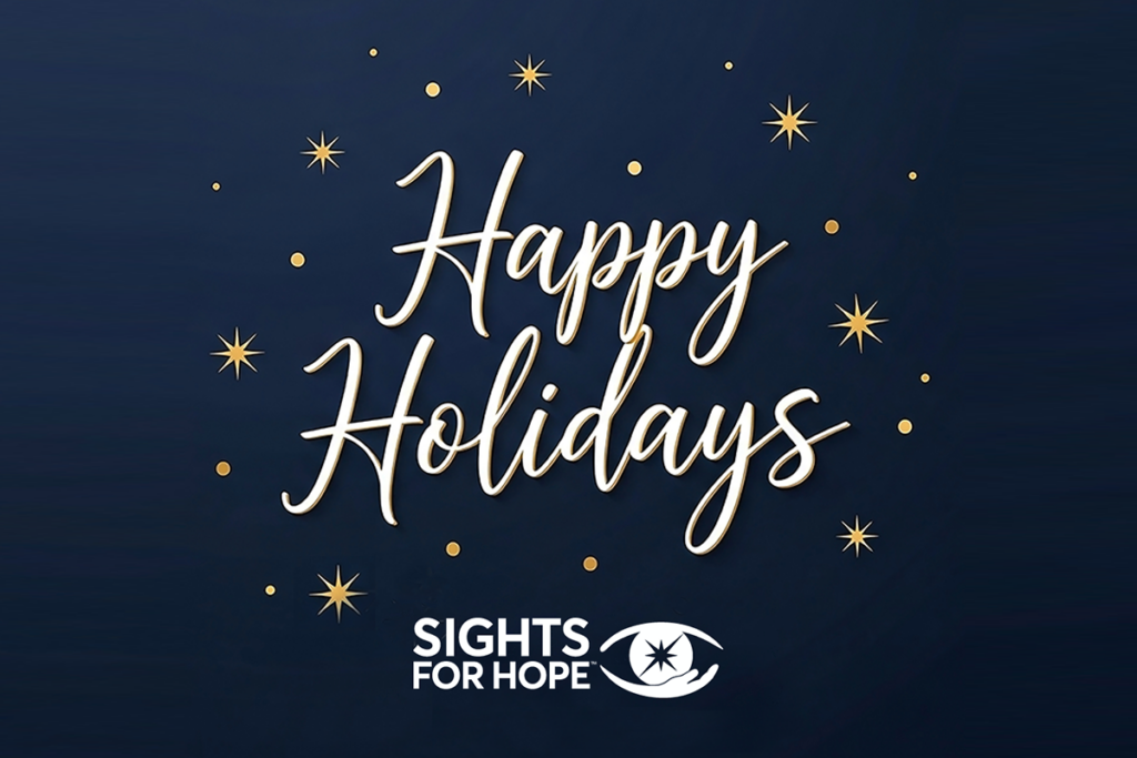 Elegant script reading "Happy Holidays" and the Sights for Hope logo on a dark blue background with gold stars and dots.