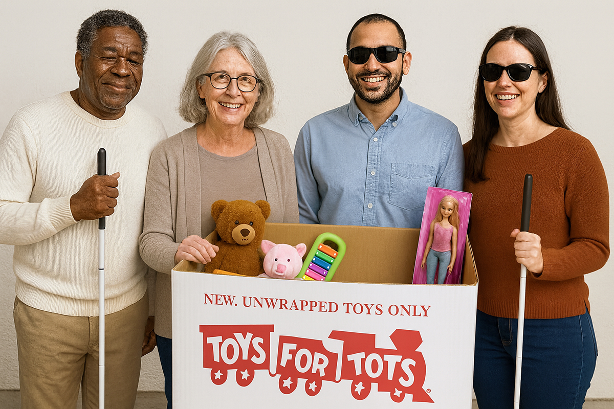 Four people, diverse in age, smile. Some hold white canes and two wear dark glasses. They stand behind a box labeled "Toys for Tots" containing unwrapped toys, conveying warmth and generosity.