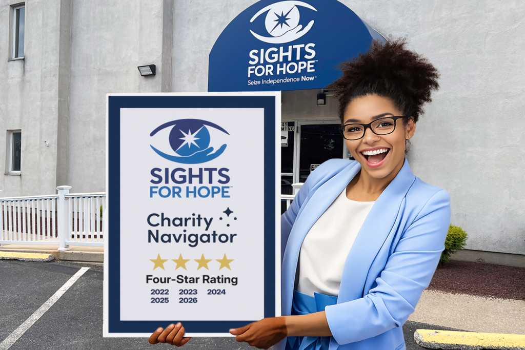 Smiling woman in a blue suit outside Sights for Hope's Lehigh Valley Service Center holds a large sign highlighting Sights for Hope's four-star Charity Navigator rating from 2022 to 2026. Image generated partially with artificial intelligence.