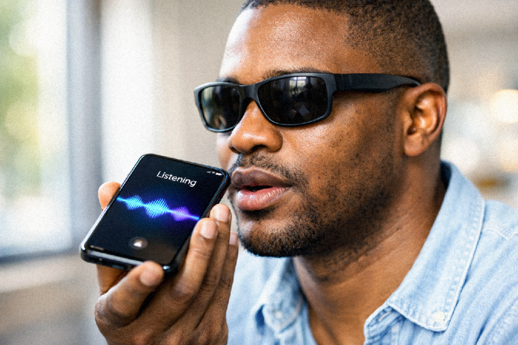 A man in dark glasses using the voice assist feature on his smartphone, which displays "Listening" with sound waves.