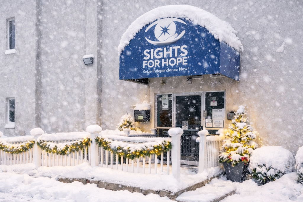 A snowy scene at the entrance of Sights for Hope's Lehigh Valley Services Center with festive garlands and lights