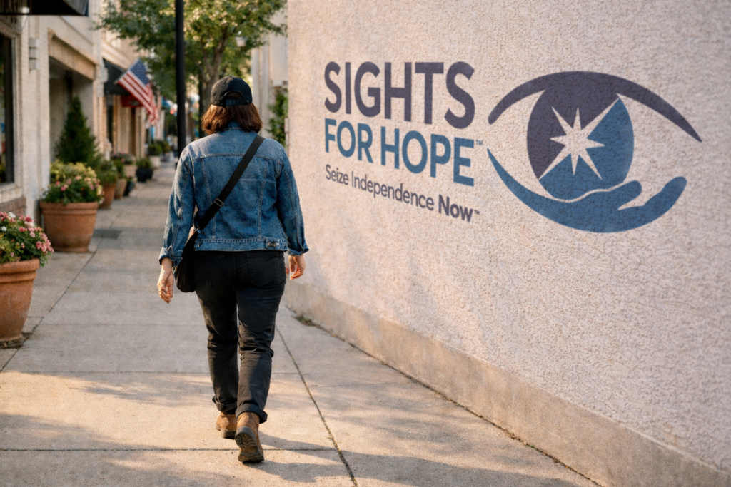 A person walking along a sidewalk past a wall with a painted Sights for Hope logo.