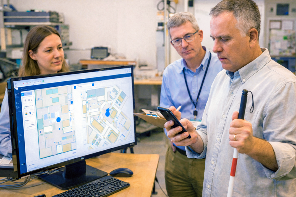 A man with a white cane using a smartphone for navigation software in a tech lab while two researchers observe.