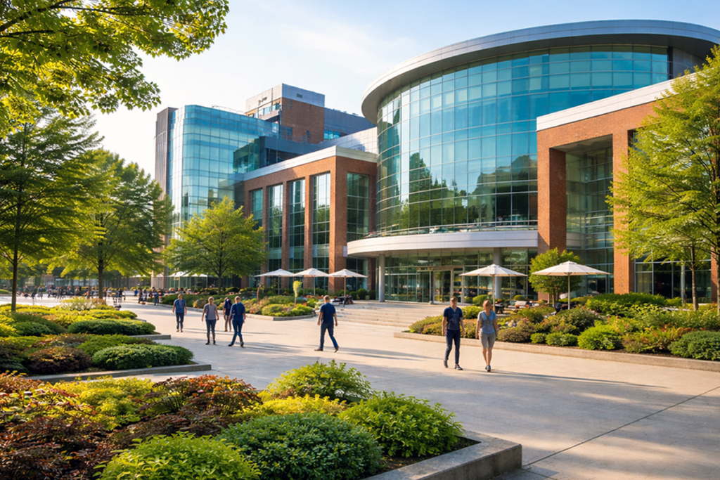 A modern university campus building with curved glass facade and red brick, surrounded by greenery.