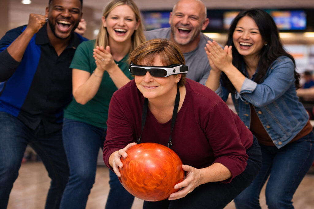 A woman wearing an assistive device for vision crouches at the start of a bowling lane while holding an orange bowling ball. Behind her, four friends cheer, clap, and smile in encouragement.