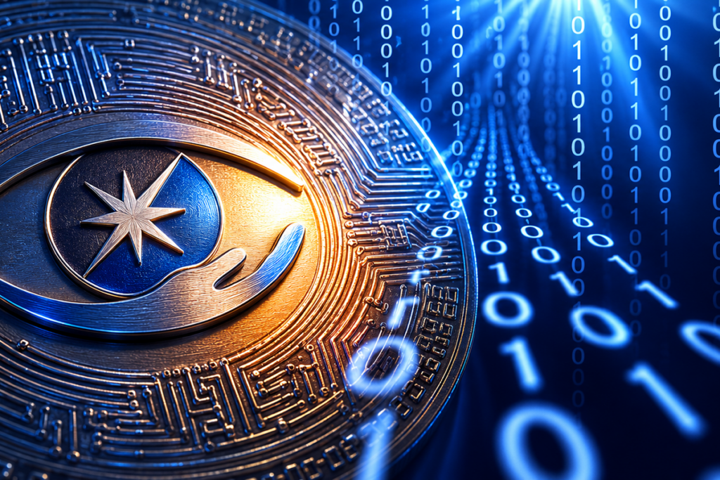 Digital illustration of a futuristic metallic coin featuring the Sights for Hope eye-and-hand icon in silver and blue, surrounded by glowing circuitry and cascading binary code against a deep blue technology-themed background.