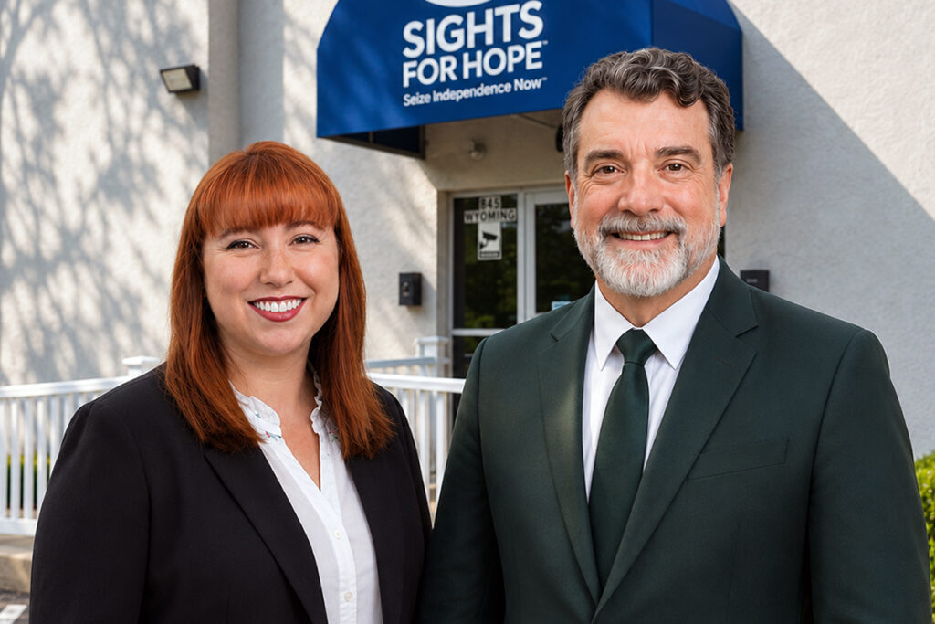 Promotional image of Sights for Hope board members Nicole Williams, O.D., and Scott Lohman, shown outside the organization’s Lehigh Valley Services Center.