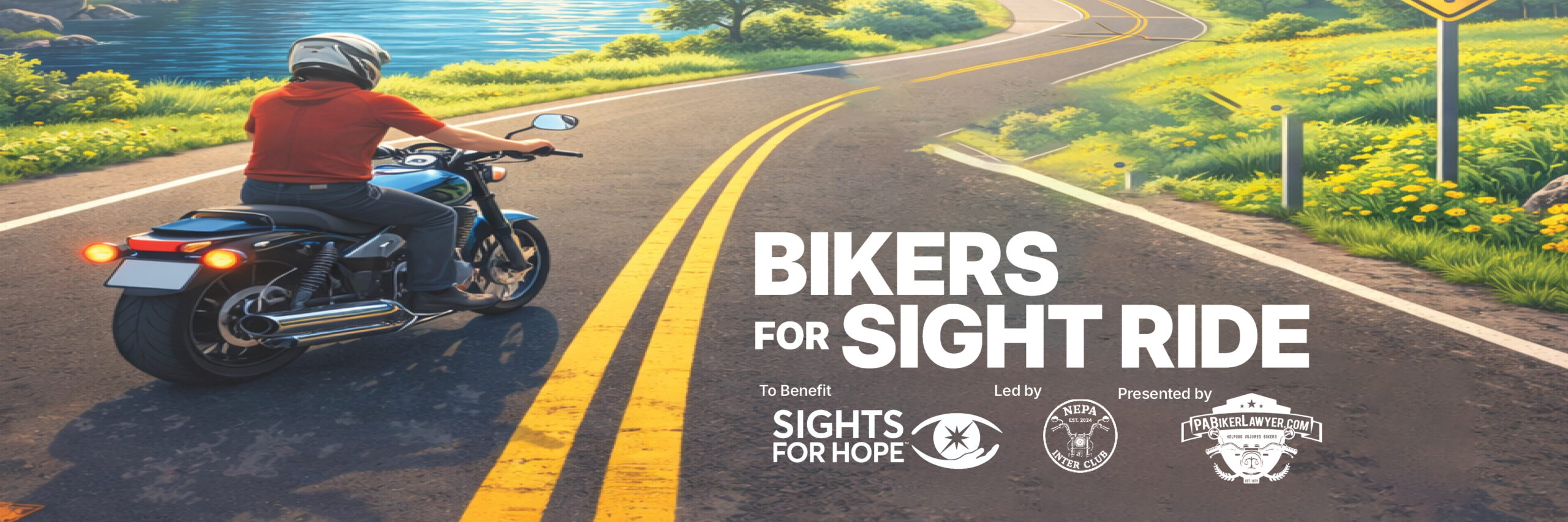 Promotional image showing a motorcyclist riding along a scenic road with text for the Bikers for Sight Ride benefiting Sights for Hope. Logos for the NEPA Inter Club and PABikerLawyer.com appear alongside the event title.