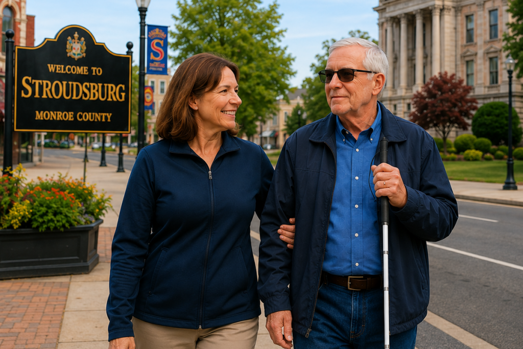 Promotional visual of a woman and a man holding a white cane walk together in downtown Stroudsburg near a “Welcome to Stroudsburg, Monroe County” sign, smiling as they talk.