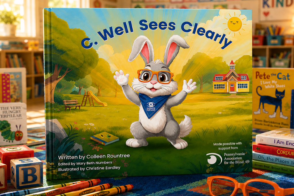 Promotional image of the C. Well Sees Clearly storybook displayed in a preschool classroom with books, crayons, alphabet blocks, and orange eyeglasses.
