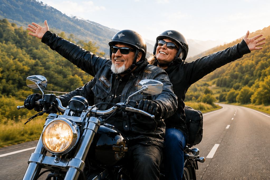 Promotional image of two smiling people wearing helmets and sunglasses ride a motorcycle along a scenic mountain road. Both of the passenger's arms are raised joyfully as they travel through a green valley.